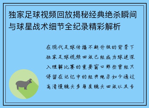 独家足球视频回放揭秘经典绝杀瞬间与球星战术细节全纪录精彩解析